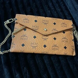 MCM Cognac Leather Clutch with Gold Chain GWP( gift with purchase item)